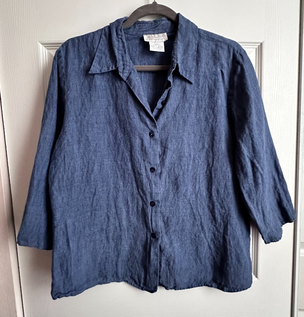 Vintage Silk Club Collection Blue Linen Button Up 3/4 Sleeve Shirt Womens Large